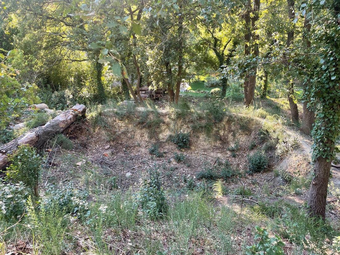 Bassin n° 2, cuvette hors d'eau aux parois de terre, avec la bastide en arrière-plan