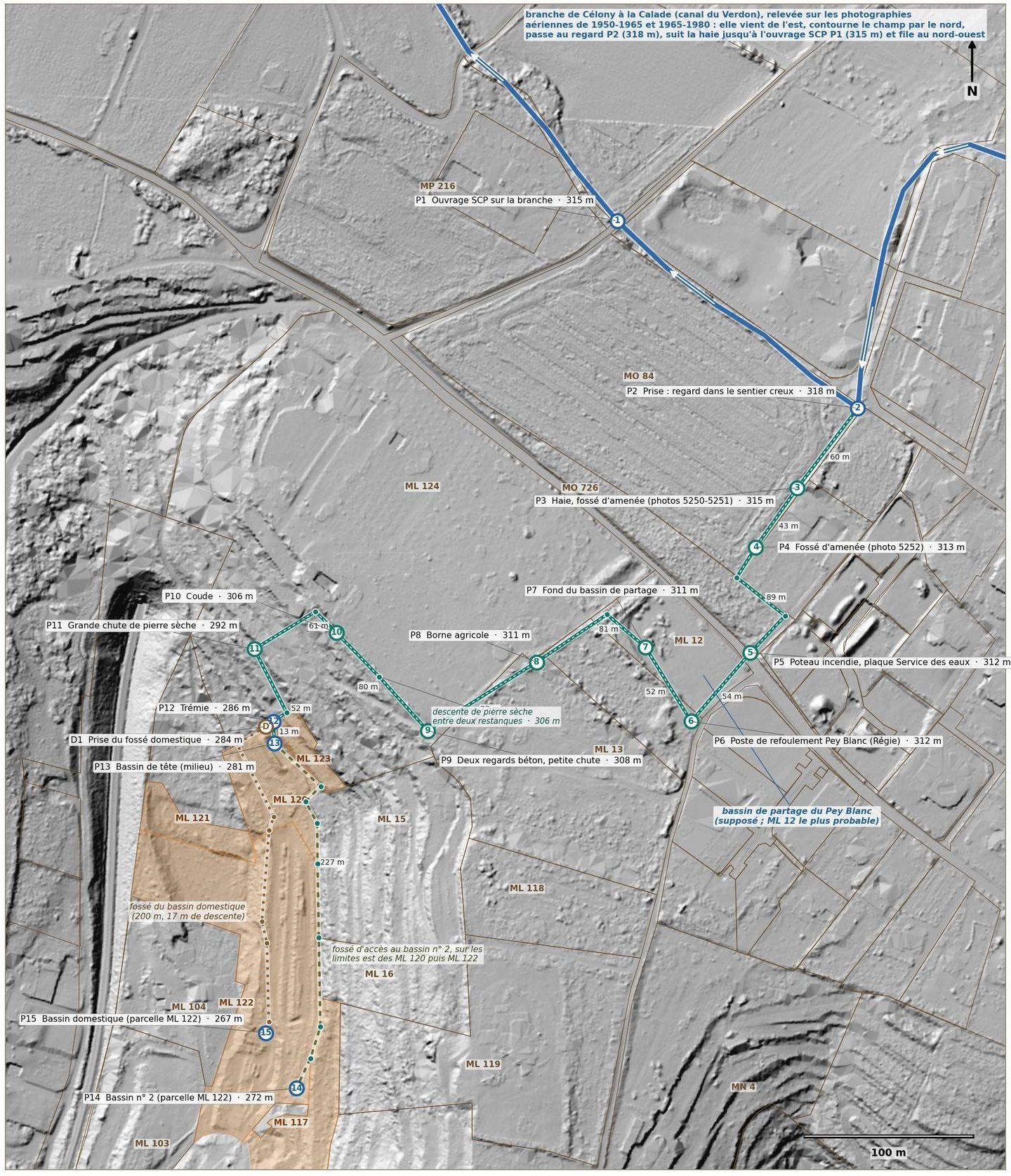 Carte du parcours de l'eau sur l'ombrage LiDAR HD : la branche du canal, le fossé d'amenée jusqu'au bassin de tête, les bassins et les parcelles de la campagne
